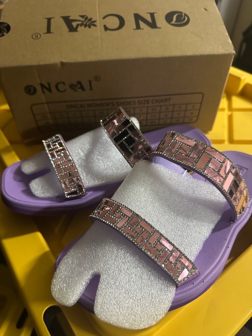 Lavender Purple Metallic Double-Strap Slide Sandals